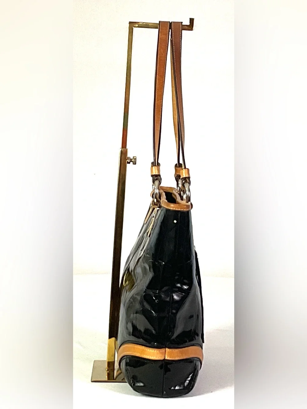 Coach -F22322-PEYTON-embossed, patent leather, tan leather trim, medium tote